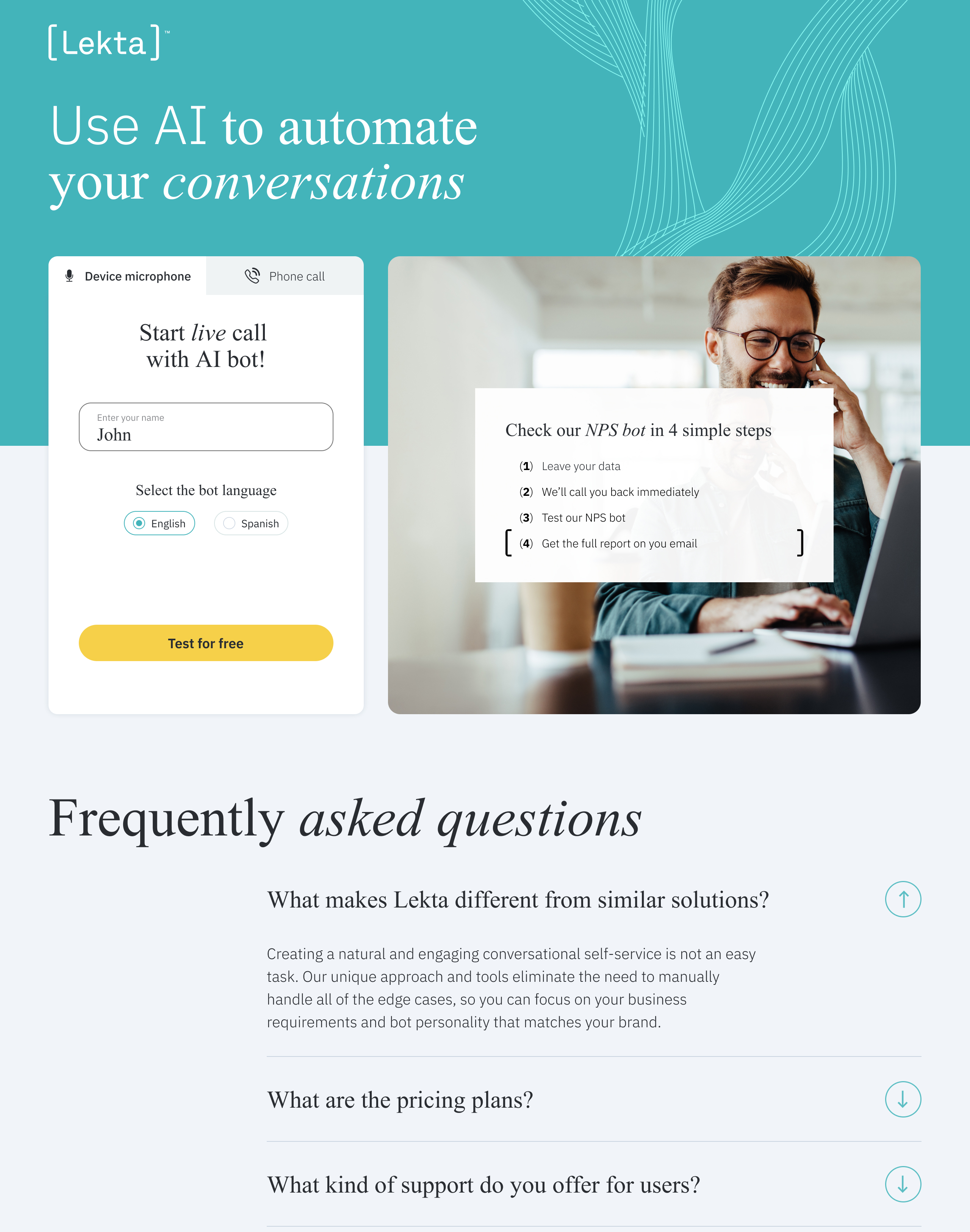 enter your name, pick a language, start a live call