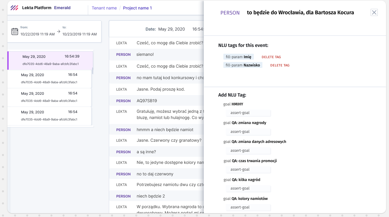 before — Lekta Platform Emerald: the tag flyout (right) covered the conversation being tagged